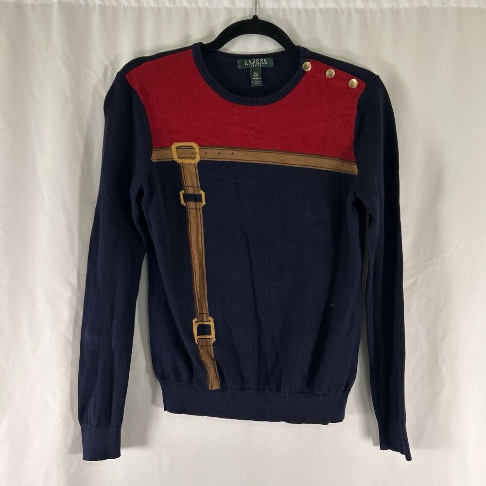 Lauren Ralph Lauren Sweater Women's Petite PM Blue Red Belt Long Sleeve Pullover